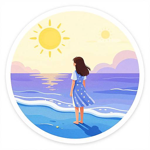 Digital illustration of a girl with long brown hair in a blue polka dot dress, standing barefoot on the shore, facing a sunlit ocean.