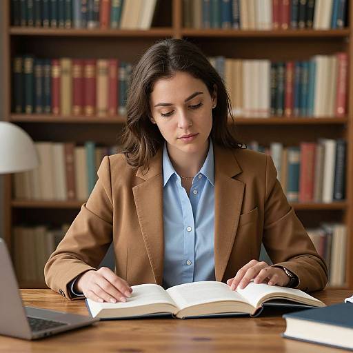 Photograph of a focused brunette woman in a brown blazer and blue shirt, reading an open book at a wooden desk in a library with booksh