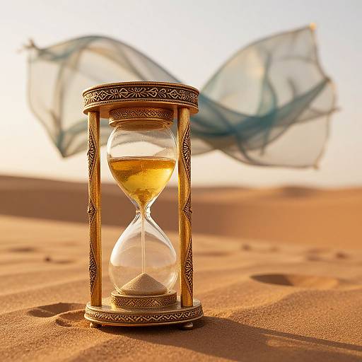 Golden hourglass with intricate patterns sits on desert sand, with two blue fishing nets blurred in the sunlit background.