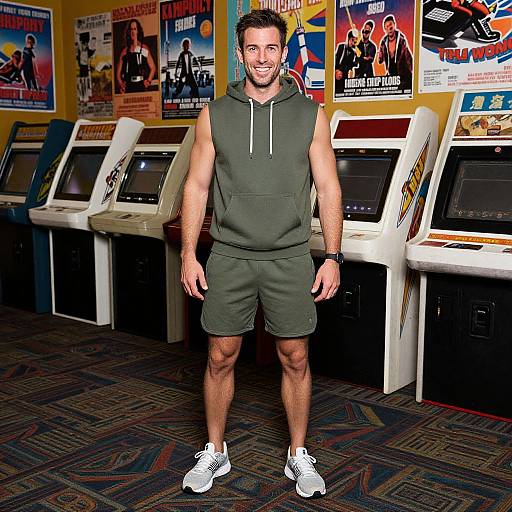 Smiling man in sleeveless gray hoodie and black shorts stands in front of vintage arcade machines, surrounded by colorful movie posters. Photograph.