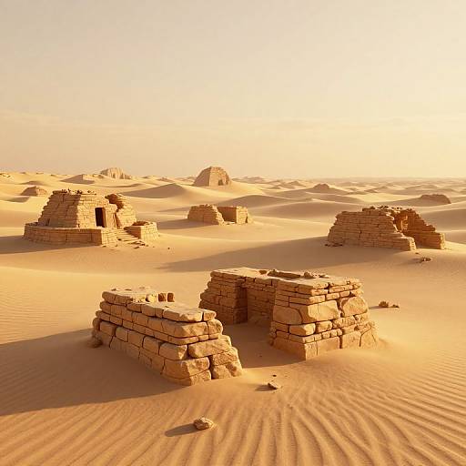 Photograph of a sunlit desert landscape with ancient, weathered stone ruins scattered across rippled, golden sand dunes under a clear sky.