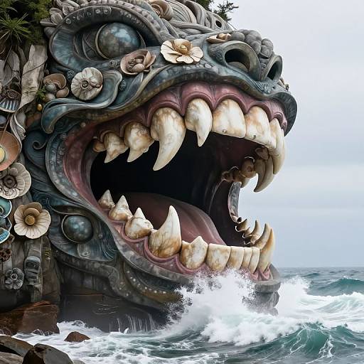 Photorealistic digital art of a massive, carved stone sea monster head with large, sharp, ivory-colored teeth, open mouth, surrounded by waves and