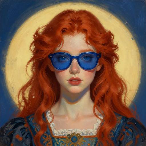 Digital painting of a fair-skinned redhead woman with wavy hair, wearing blue sunglasses and a dark blue dress, against a yellow halo in a dark