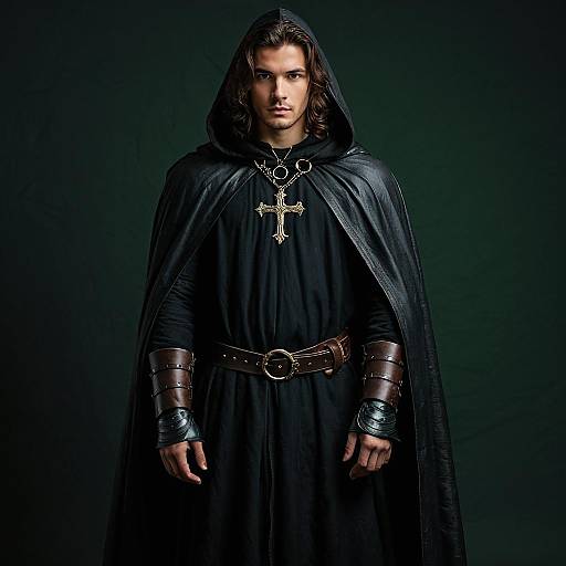Medieval Man in Black Cloak with Cross Necklace