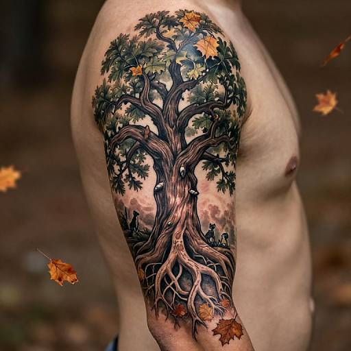 Photorealistic Twisted Oak Tree Sleeve Tattoo