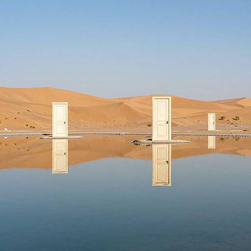 Photograph of three white, rectangular doors standing in a serene desert oasis, reflected in a still, mirror-like water pool, with golden sand dunes