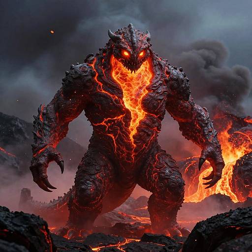 Digital artwork of a massive, fiery, black-scaled monster with glowing red eyes and molten lava veins, standing in a smoky, volcanic landscape