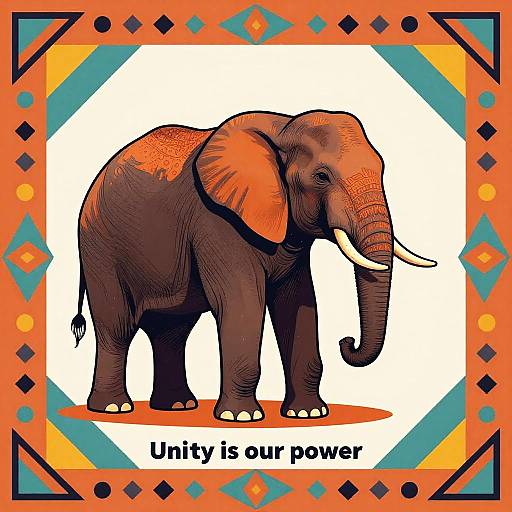 Digital illustration of a vibrant, orange-accented elephant with dark brown skin, white tusks, and large ears, framed by colorful geometric patterns,