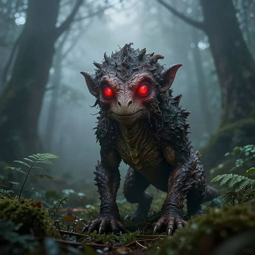 Digital CGI image of a dark, scaly, creature with glowing red eyes standing in a misty forest, surrounded by ferns and moss.