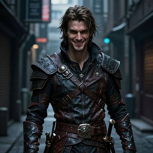 Photorealistic CGI of a tall, muscular man with messy brown hair, smirking in dark, medieval armor, standing in a dim, urban