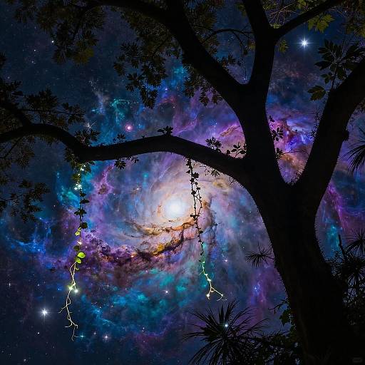 Silhouetted Tree Against Vivid Nebula Galaxy