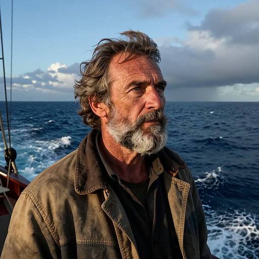 Photograph of a weathered, middle-aged man with gray hair and beard, wearing a brown jacket, standing on a boat in a stormy ocean