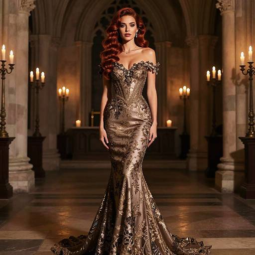 Photograph of a red-haired woman in an off-shoulder, gold, lace-embellished, form-fitting gown standing in a dim