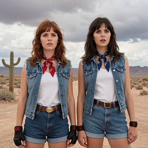 Photograph of two young women with wavy hair, wearing denim vests, white shirts, red and blue bandanas, denim shorts, and black gloves