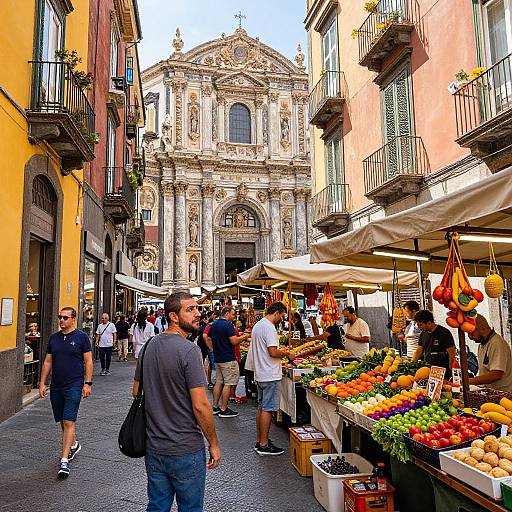 Colorful street market in Italian city, vibrant fruits, bustling shoppers, ornate baroque church in background, yellow and orange buildings. Photograph.