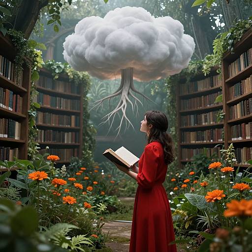 Fantasy photograph: Woman in red dress reads book, gazes at floating cloud tree in enchanted library garden with orange flowers.