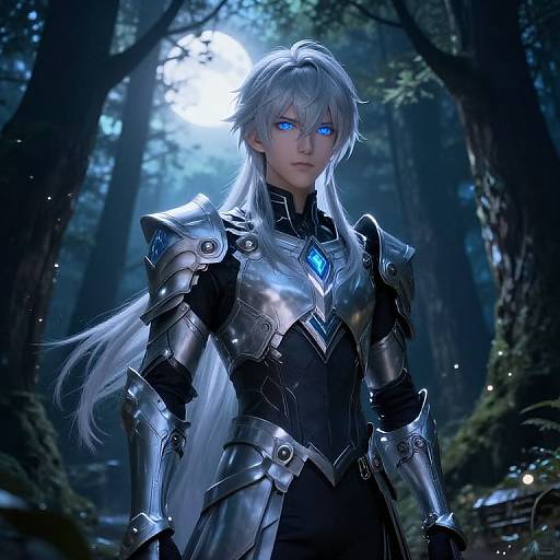 Digital artwork of a silver-haired, blue-eyed elf warrior in shiny, black-and-silver armor with a glowing blue gem, standing in a mystical,