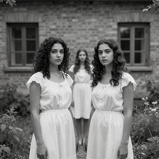 Black and White Three Women Courtyard Portrait