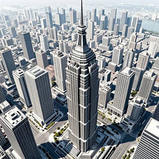 Aerial photograph of a dense, sunlit urban skyline with high-rise buildings, focusing on a central, tall, spire-topped skyscraper.