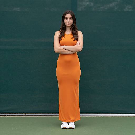 Realistic Solo Woman in Long Orange Tennis Dress