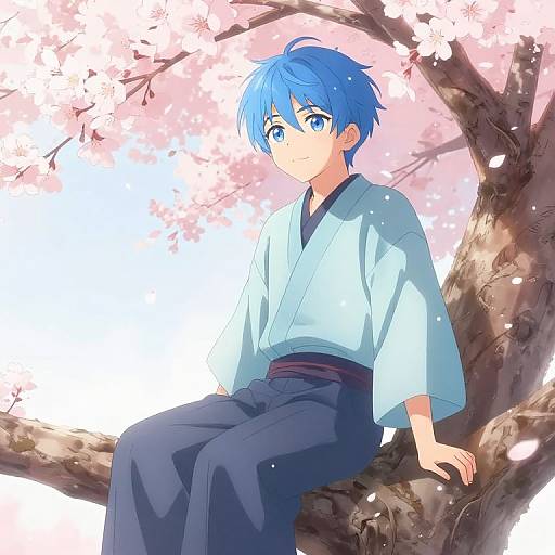 Anime-style drawing of a blue-haired boy with blue eyes, wearing a white kimono and dark pants, sitting on a cherry blossom tree branch.
