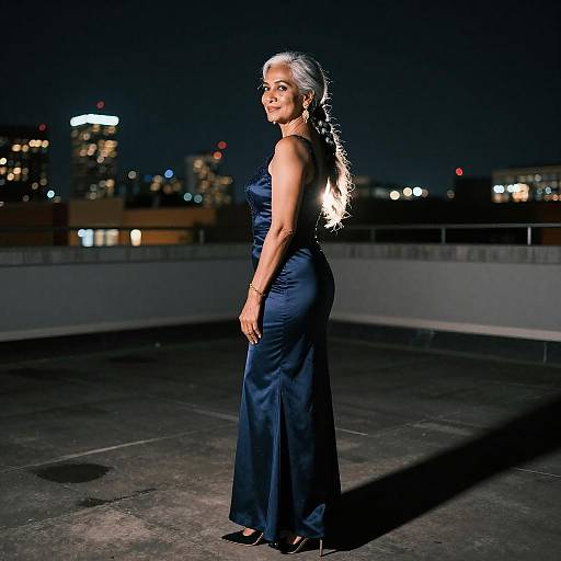Silver-Streaked Goddess Rooftop Night Portrait