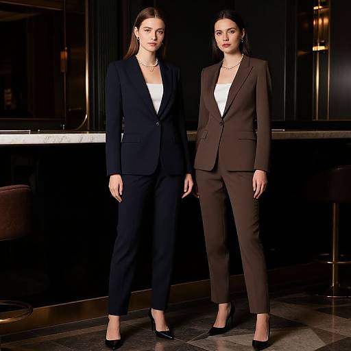 Photograph of two women in dark suits, black and brown, standing side by side in a dimly lit bar, wearing white blouses and black