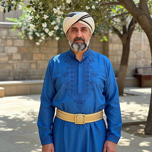 Photograph of an older Middle Eastern man with a white turban, blue embroidered shirt, and beige belt, standing outdoors under a tree.