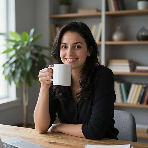 Photograph of a smiling woman with long black hair, wearing a black top, holding a white mug, sitting at a wooden table in a bright,