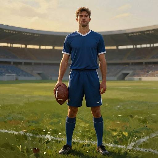 Photograph of a muscular, curly-haired man in navy blue soccer uniform, holding an American football, standing on grassy field in front of a large