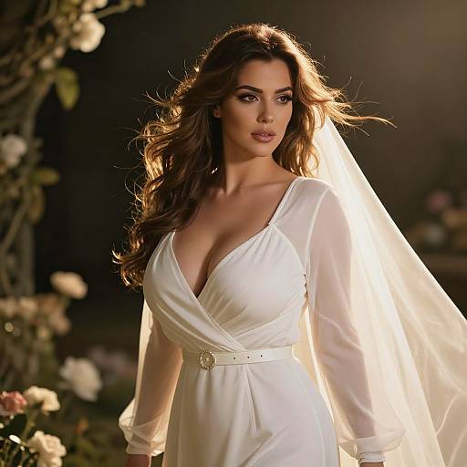 Photograph of a beautiful, curvy woman with long brown hair, wearing a white, deep V-neck wedding dress, and veil, illuminated by soft