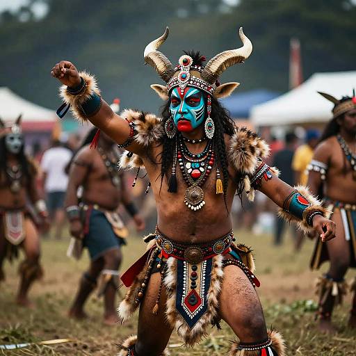Photograph of a muscular, shirtless Native American man with blue face paint, horns, and tribal attire, performing a traditional dance outdoors with blurred background