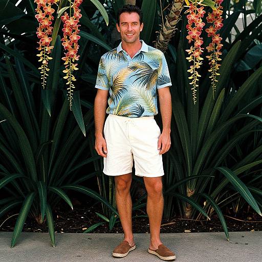 Photograph of a smiling man with short dark hair, wearing a tropical-patterned shirt, white shorts, and brown loafers, standing in front of