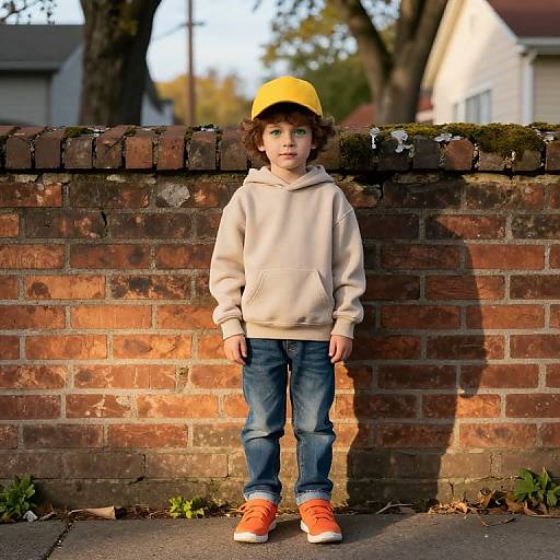 Boy in Hoodie by Mossy Brick Wall