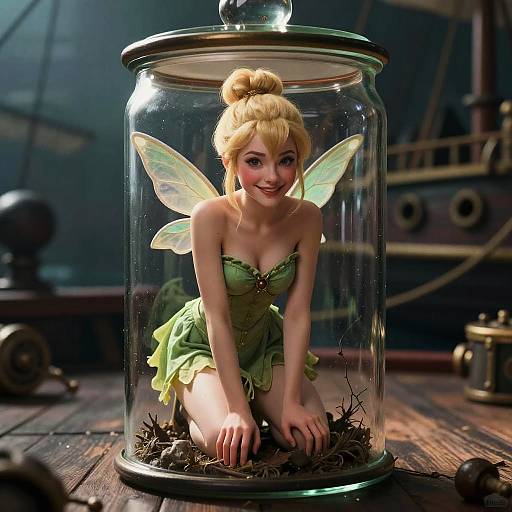 Digital artwork of a blonde, fair-skinned Tinker Bell with green dress and fairy wings, kneeling inside a glass jar on a wooden surface, with