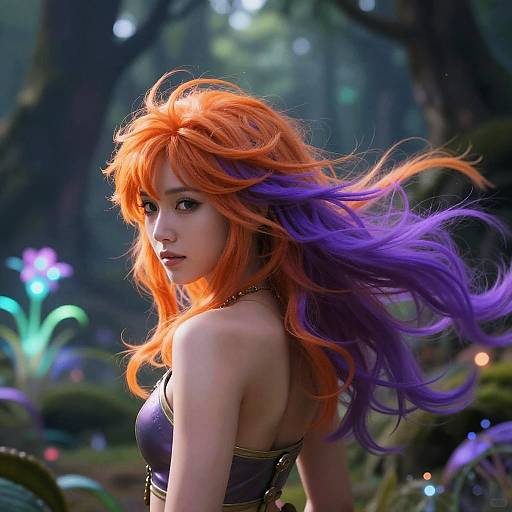 Digital artwork of a young woman with vibrant orange and purple hair, wearing a black strapless top, in a magical forest with glowing flowers.