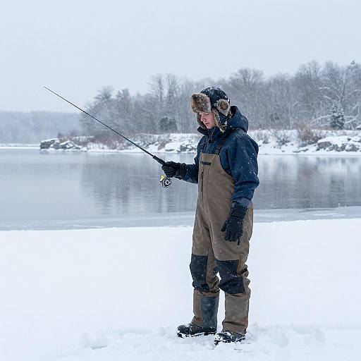 Photograph of a man in brown waders and black jacket fishing on a snowy lakeshore, holding a rod, with a child in a hood