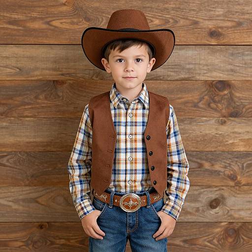 Photograph of a young boy in a brown cowboy hat, plaid shirt, brown vest, and blue jeans, standing in front of a wooden wall