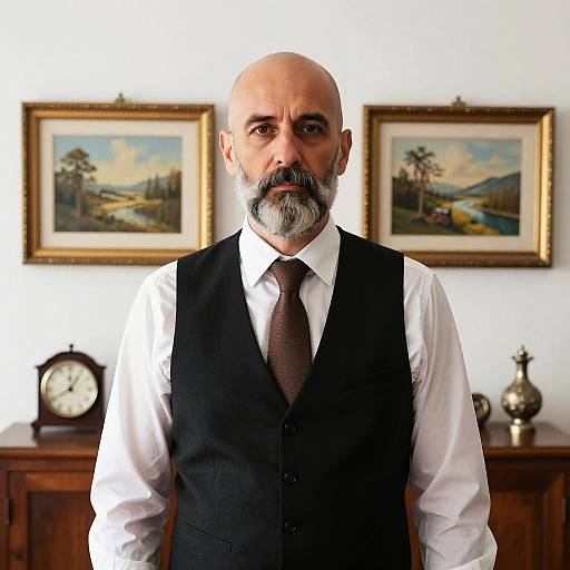 Photograph of a bald, bearded middle-aged man in a black vest and brown tie, standing in a room with two framed landscapes and antique clock