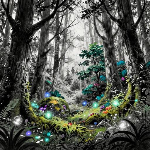 Digital art: Enchanted forest with glowing blue and green lights, vibrant flowers, moss-covered trees, and ethereal fog, creating a magical,