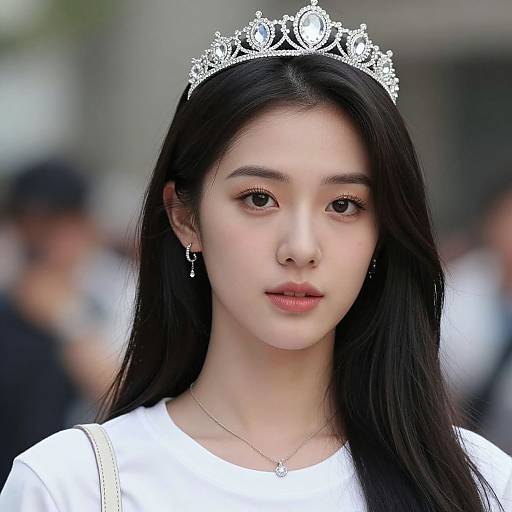Photograph of a young Asian woman with long black hair, wearing a silver tiara and white dress, with a blurred urban background.