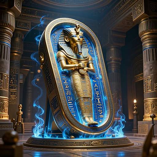 Photorealistic CGI of a glowing golden Anubis statue within an ornate, ancient Egyptian temple, surrounded by blue ethereal flames.