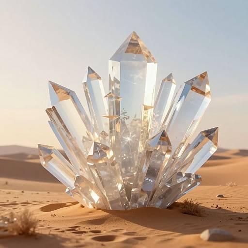 Photograph of a radiant, crystalline cluster with multiple sharp, transparent facets, standing in a sunlit, sandy desert landscape.