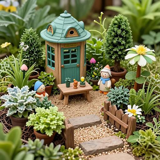 Photograph of a miniature garden with a turquoise, dome-roofed wooden hut, two blue-capped gnome-like figures, small stone path, wooden