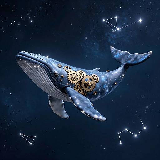 Digital artwork of a blue whale with golden gears inside, floating in a starry night sky with constellations. Whale's texture is smooth with subtle