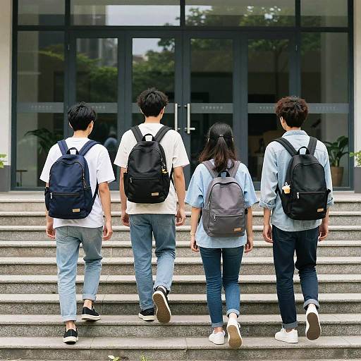 Young Friends Ascend Glass-Door Campus Steps