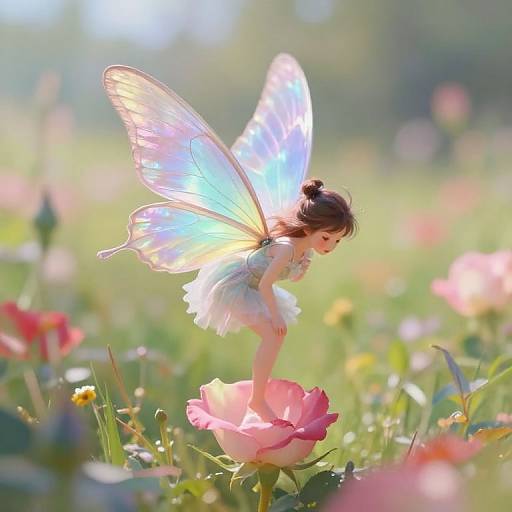 Photograph of a delicate fairy with translucent blue and white wings, wearing a white dress, standing on a pink flower in a sunlit meadow filled