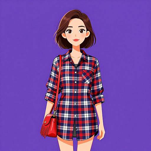 Casual Woman with Plaid Shirt and Handbag
