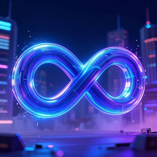 Neon blue infinity symbol glowing in a futuristic, cyberpunk cityscape with vibrant, multicolored skyscrapers and misty street below. Digital