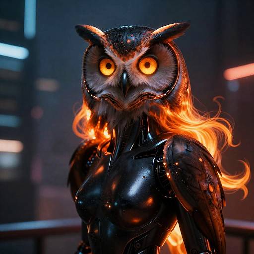 Elegant Cybernetic Owl with Flaming Hair
